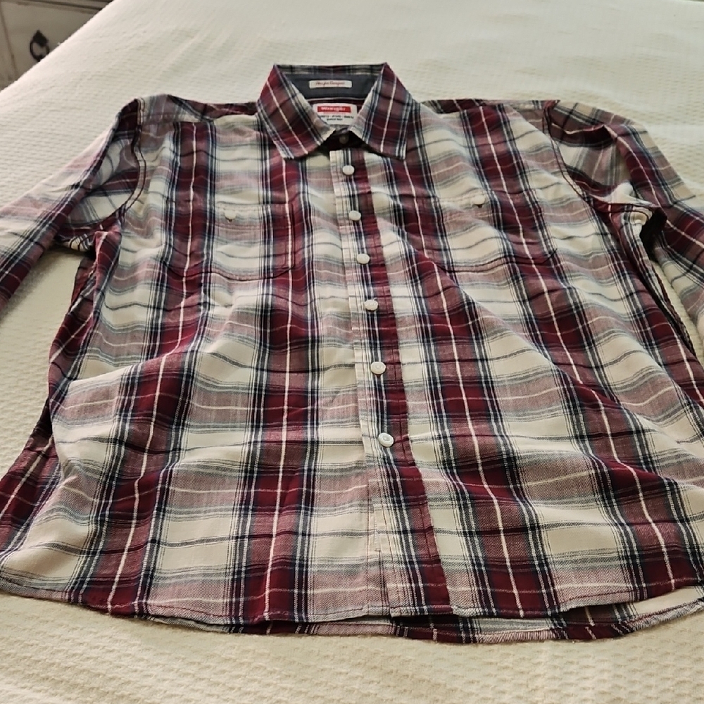 Wrangler Men's Plaid Shirt - Burgundy and Cream